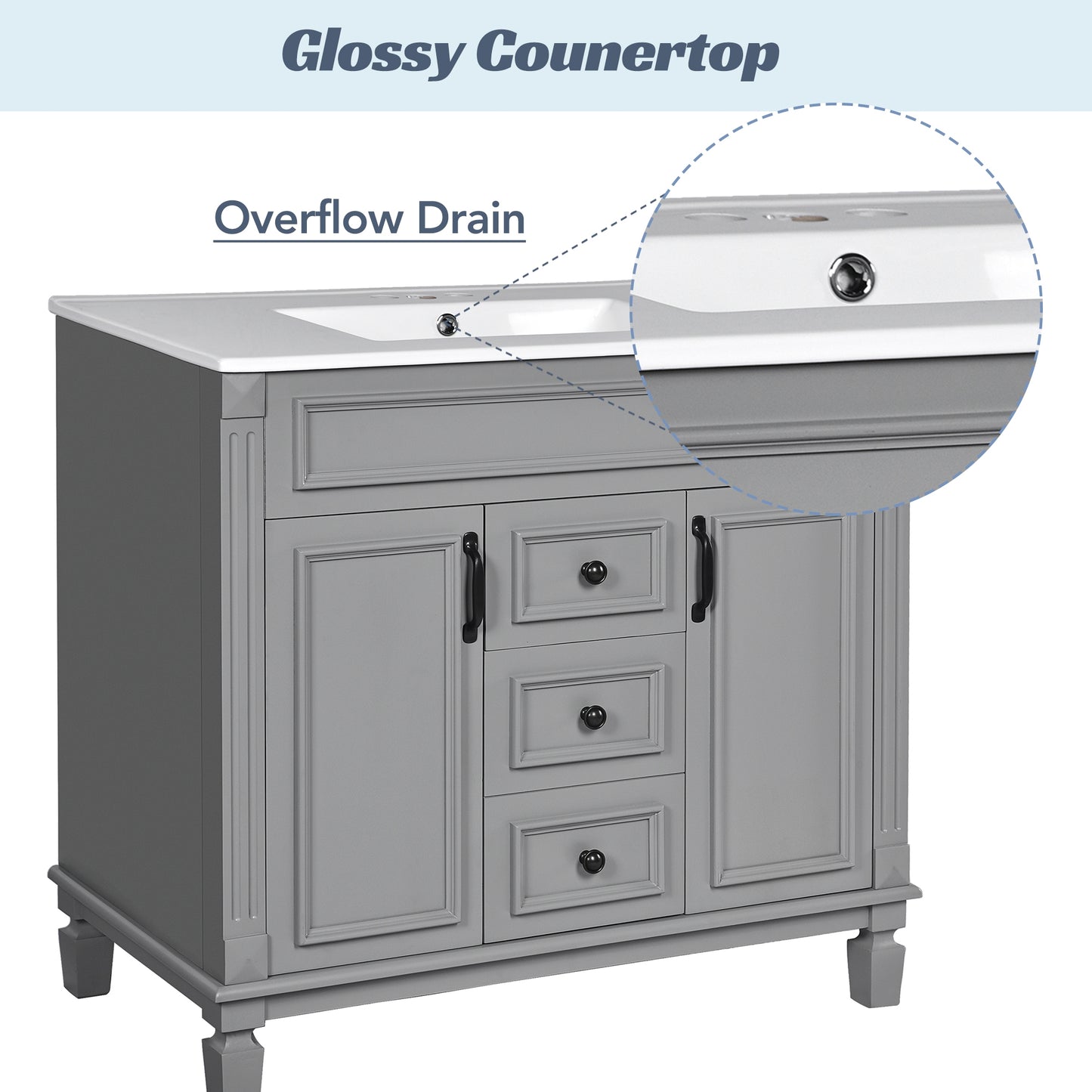VanityFus 35.9-in Gray Bathroom Vanity Single Sink Combo with Ceramic Top Undermount 2 Soft Close Doors 2 Drawers Adjustable Shelves