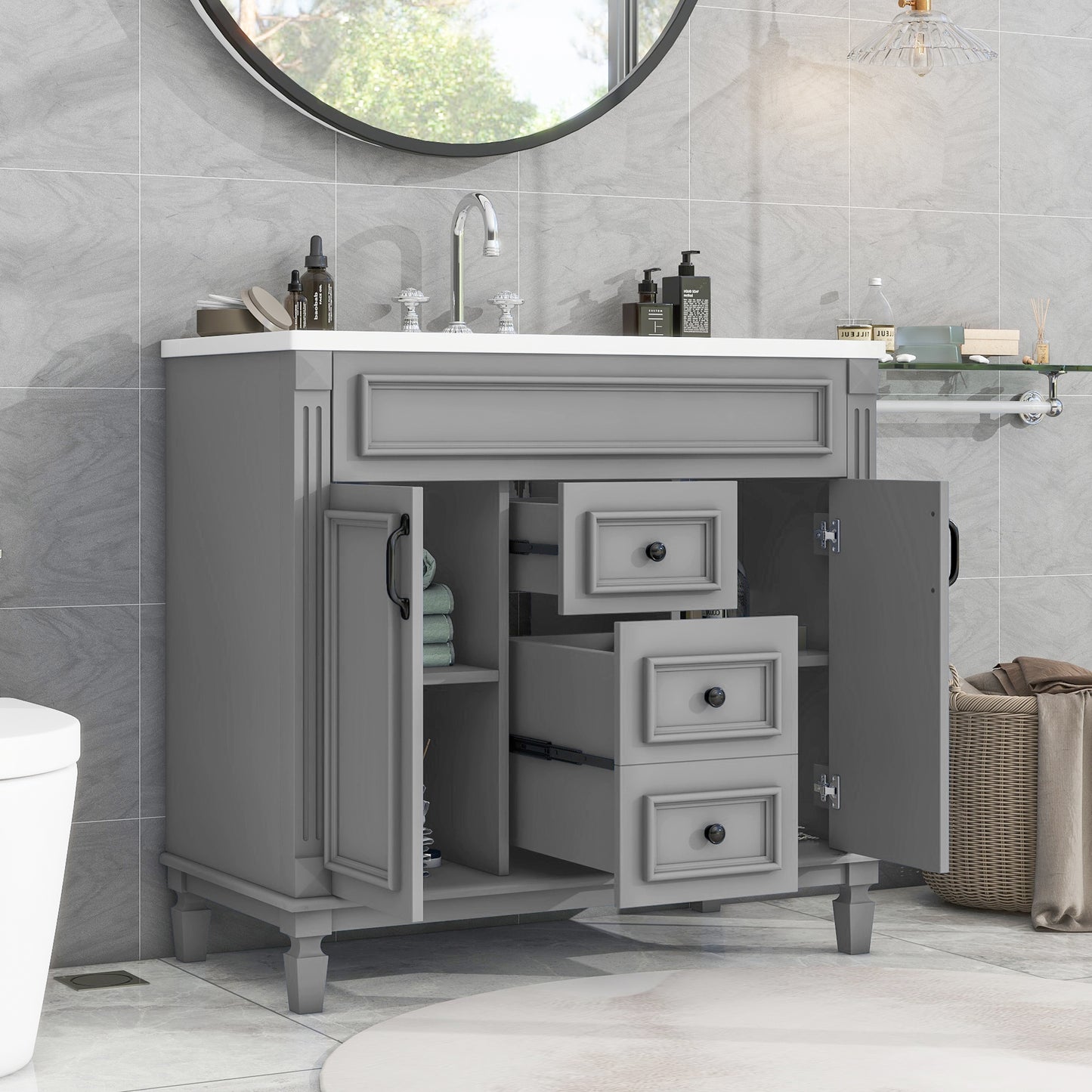VanityFus 35.9-in Gray Bathroom Vanity Single Sink Combo with Ceramic Top Undermount 2 Soft Close Doors 2 Drawers Adjustable Shelves