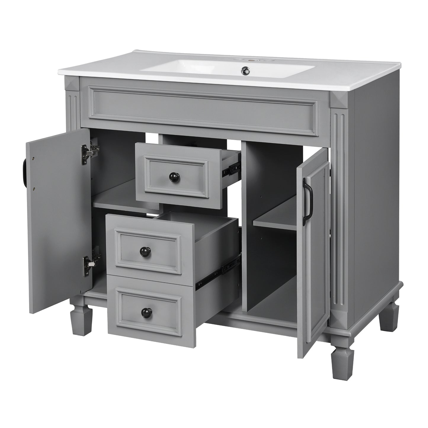 VanityFus 35.9-in Gray Bathroom Vanity Single Sink Combo with Ceramic Top Undermount 2 Soft Close Doors 2 Drawers Adjustable Shelves
