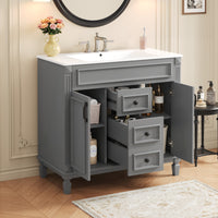 VanityFus 35.9-in Gray Bathroom Vanity Single Sink Combo with Ceramic Top Undermount 2 Soft Close Doors 2 Drawers Adjustable Shelves