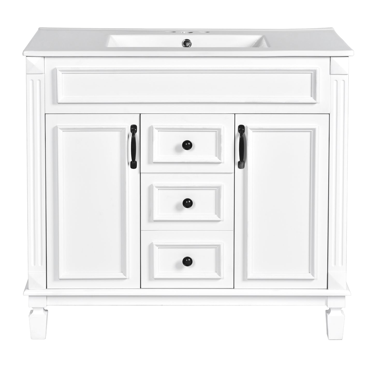 VanityFus 35.9-in White Bathroom Vanity Single Sink Combo with Ceramic Top Undermount 2 Soft Close Doors 2 Drawers Adjustable Shelves