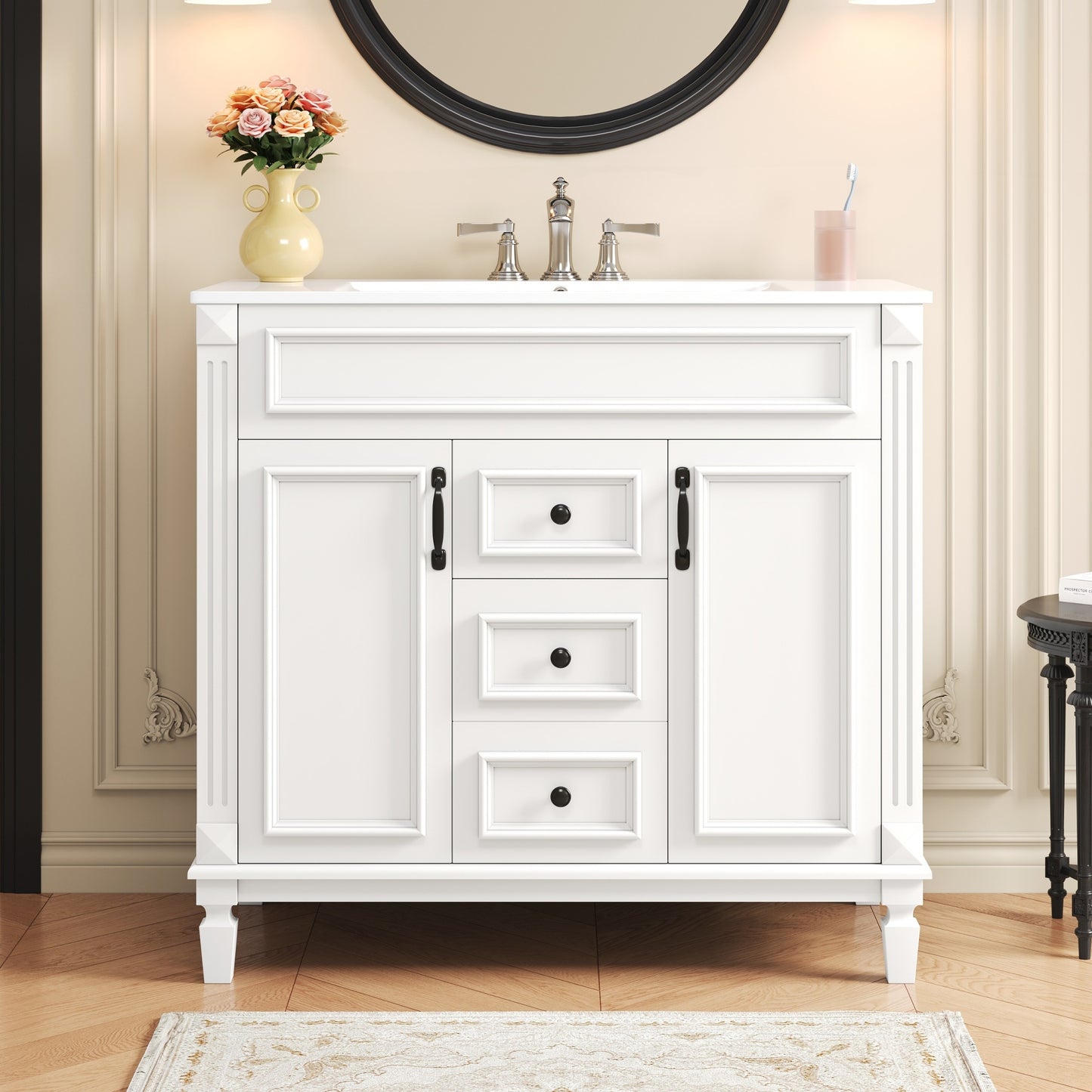 VanityFus 35.9-in White Bathroom Vanity Single Sink Combo with Ceramic Top Undermount 2 Soft Close Doors 2 Drawers Adjustable Shelves