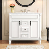 VanityFus 35.9-in White Bathroom Vanity Single Sink Combo with Ceramic Top Undermount 2 Soft Close Doors 2 Drawers Adjustable Shelves