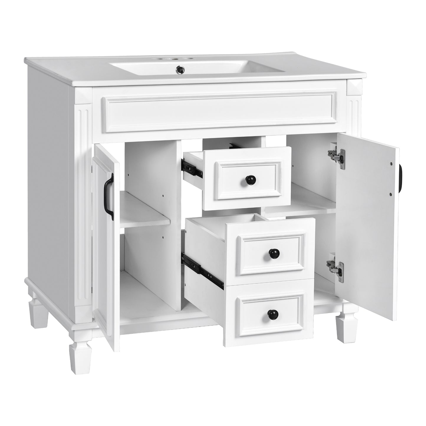 VanityFus 35.9-in White Bathroom Vanity Single Sink Combo with Ceramic Top Undermount 2 Soft Close Doors 2 Drawers Adjustable Shelves