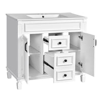 VanityFus 35.9-in White Bathroom Vanity Single Sink Combo with Ceramic Top Undermount 2 Soft Close Doors 2 Drawers Adjustable Shelves