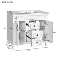 VanityFus 35.9-in White Bathroom Vanity Single Sink Combo with Ceramic Top Undermount 2 Soft Close Doors 2 Drawers Adjustable Shelves