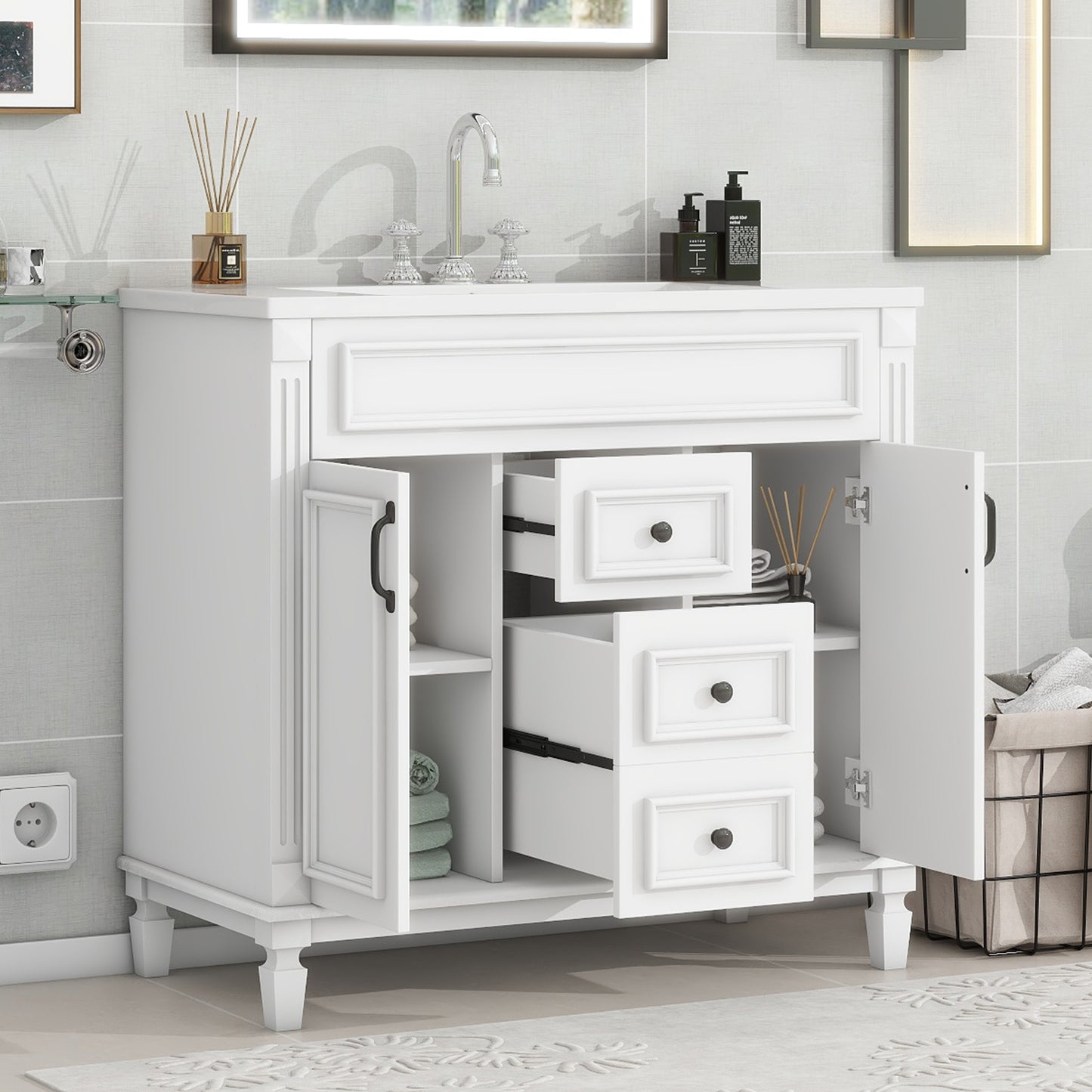 VanityFus 35.9-in White Bathroom Vanity Single Sink Combo with Ceramic Top Undermount 2 Soft Close Doors 2 Drawers Adjustable Shelves