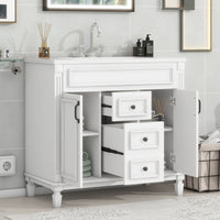 VanityFus 35.9-in White Bathroom Vanity Single Sink Combo with Ceramic Top Undermount 2 Soft Close Doors 2 Drawers Adjustable Shelves