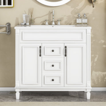 VanityFus 35.9-in White Bathroom Vanity Single Sink Combo with Ceramic Top Undermount 2 Soft Close Doors 2 Drawers Adjustable Shelves