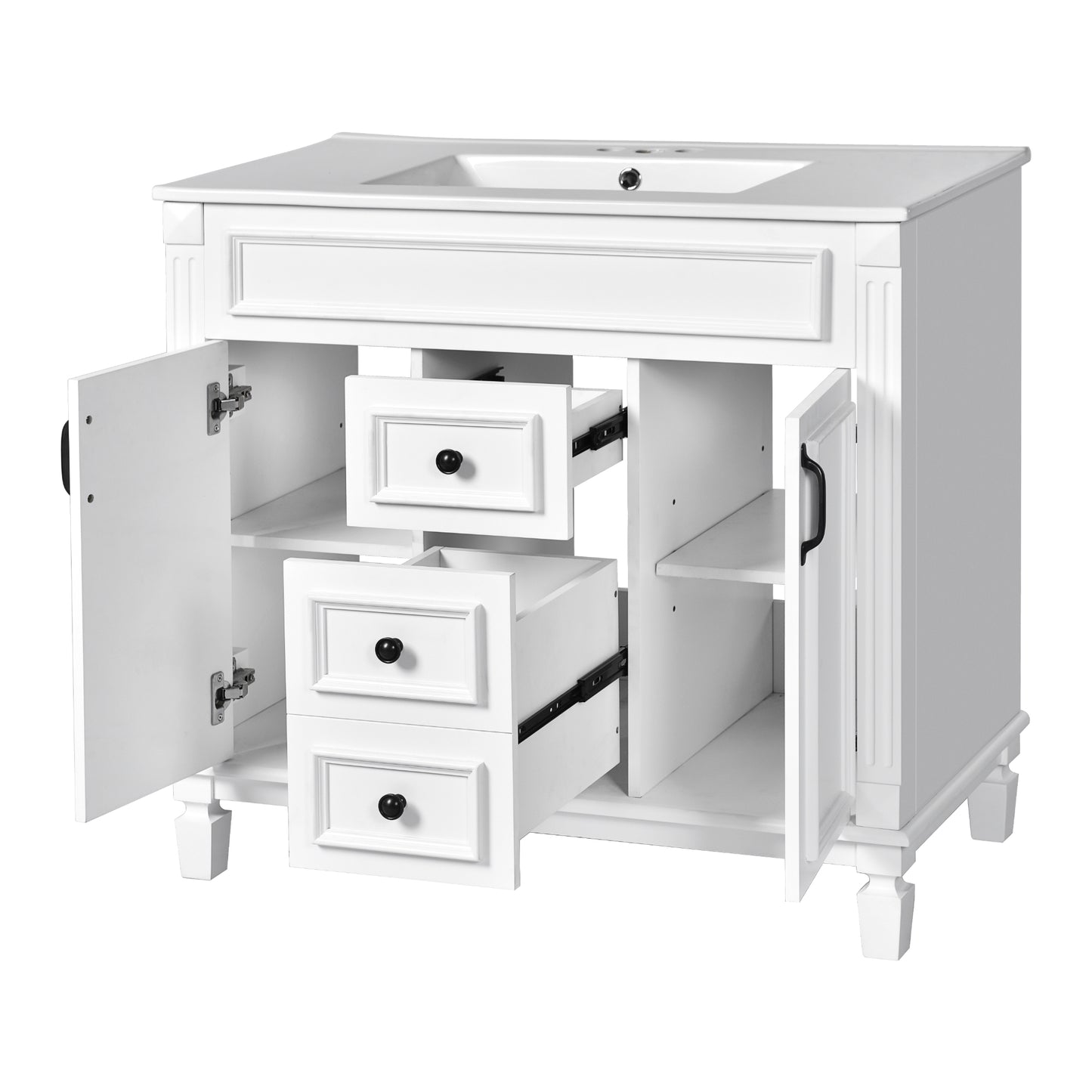 VanityFus 35.9-in White Bathroom Vanity Single Sink Combo with Ceramic Top Undermount 2 Soft Close Doors 2 Drawers Adjustable Shelves