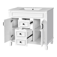 VanityFus 35.9-in White Bathroom Vanity Single Sink Combo with Ceramic Top Undermount 2 Soft Close Doors 2 Drawers Adjustable Shelves