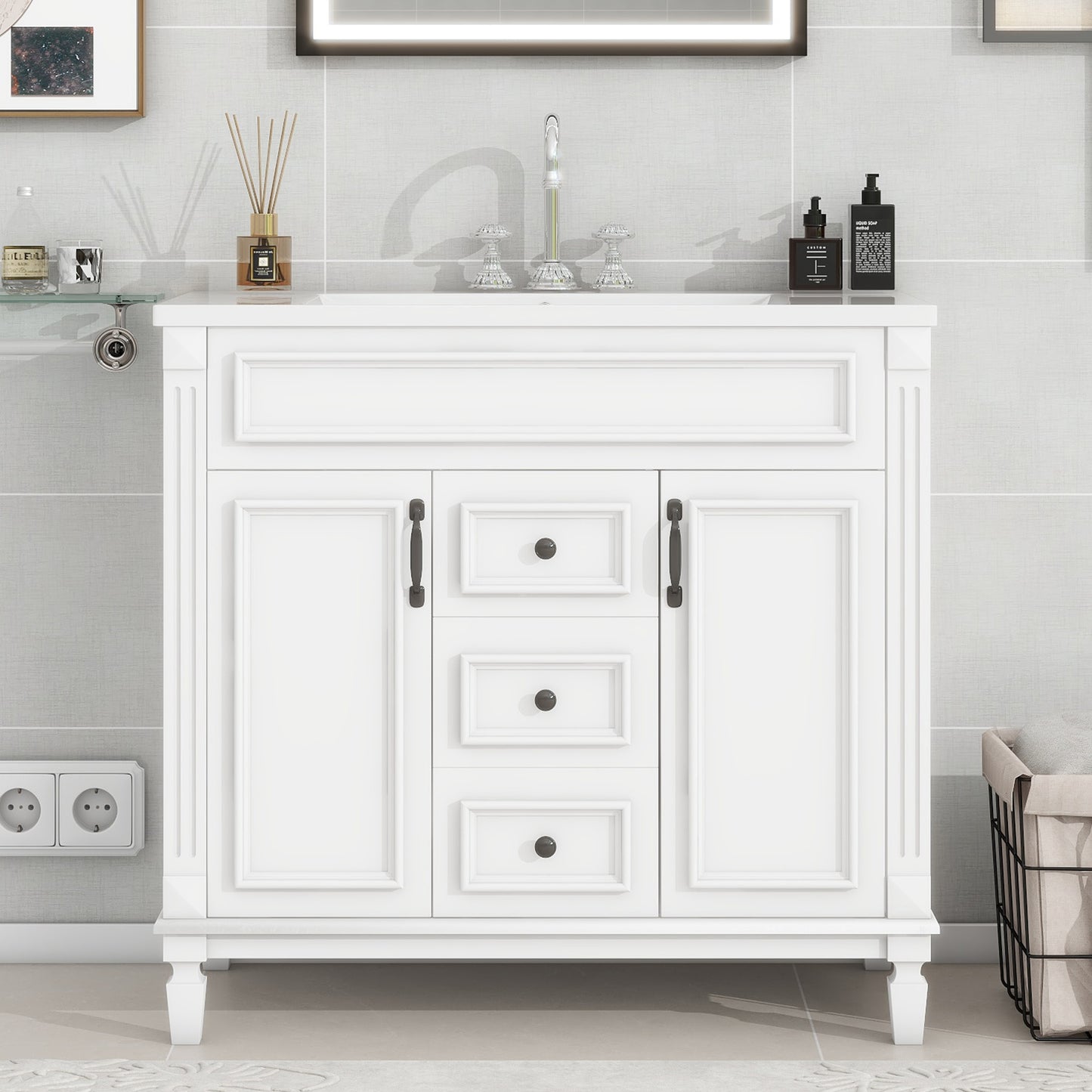VanityFus 35.9-in White Bathroom Vanity Single Sink Combo with Ceramic Top Undermount 2 Soft Close Doors 2 Drawers Adjustable Shelves