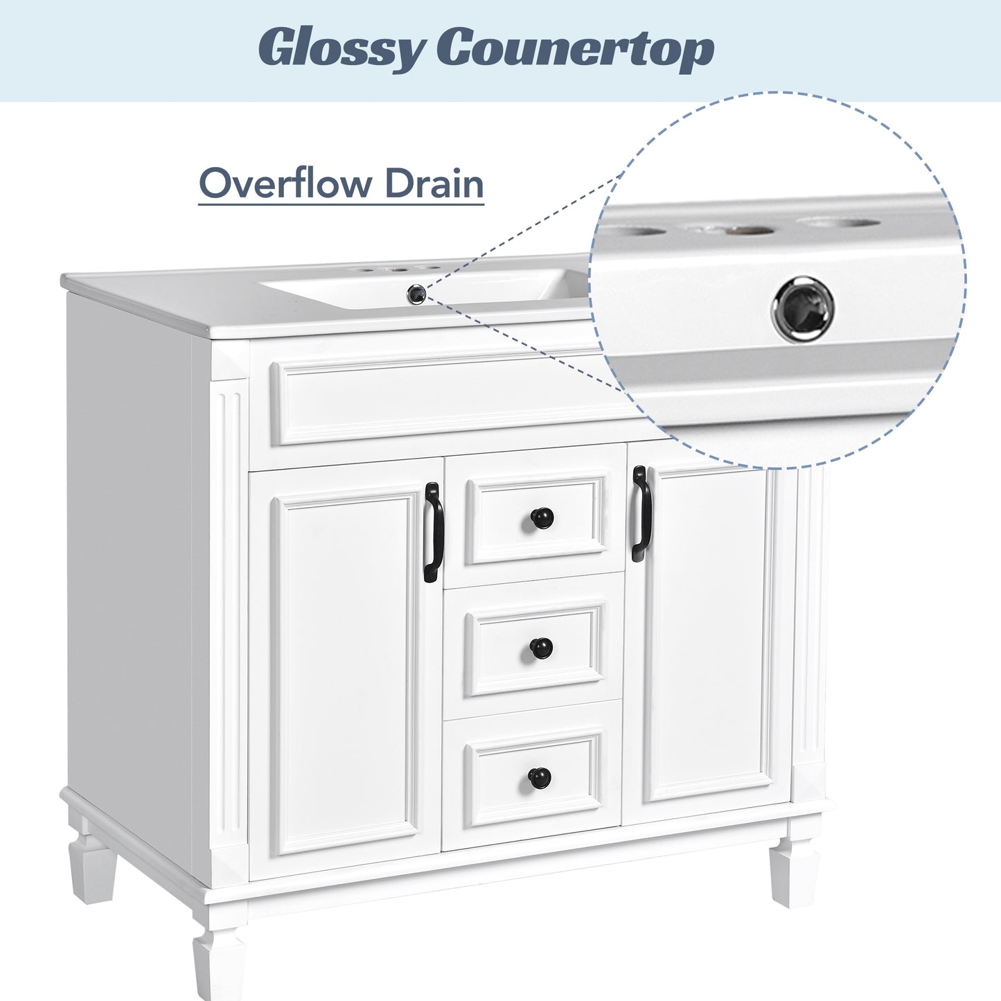 VanityFus 35.9-in White Bathroom Vanity Single Sink Combo with Ceramic Top Undermount 2 Soft Close Doors 2 Drawers Adjustable Shelves