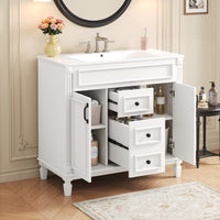 VanityFus 35.9-in White Bathroom Vanity Single Sink Combo with Ceramic Top Undermount 2 Soft Close Doors 2 Drawers Adjustable Shelves