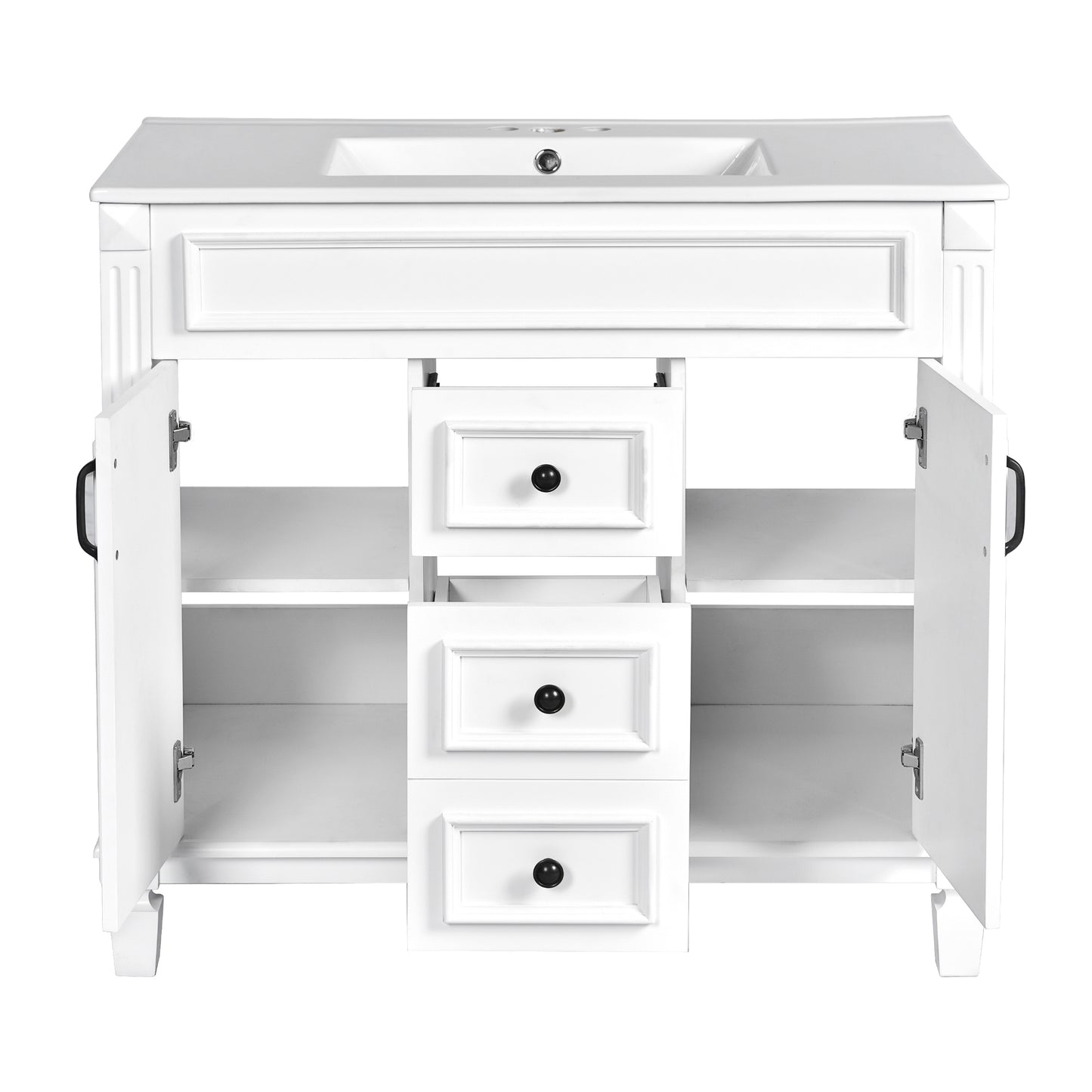 VanityFus 35.9-in White Bathroom Vanity Single Sink Combo with Ceramic Top Undermount 2 Soft Close Doors 2 Drawers Adjustable Shelves