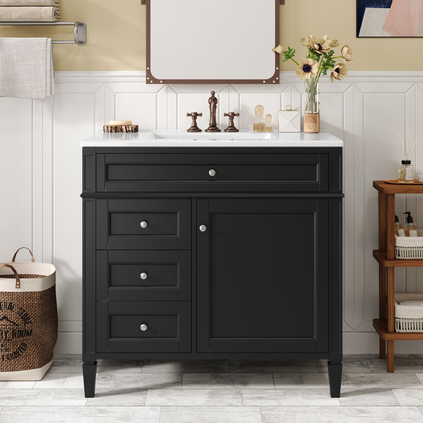 VanityFus 36-in Black Bathroom Vanity Single Sink Combo with Ceramic Top Undermount 1 Soft Close Door 3 Drawers Adjustable Shelves