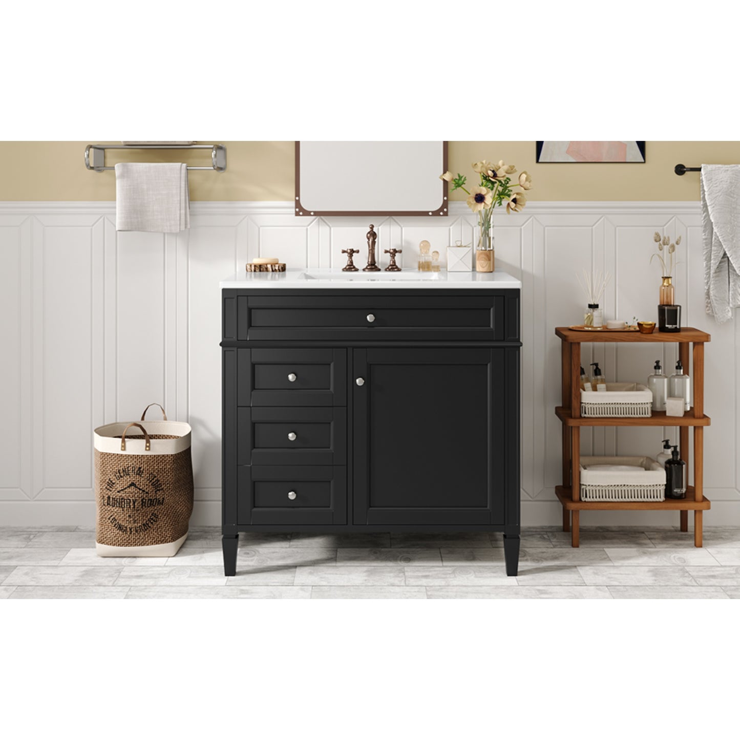 VanityFus 36-in Black Bathroom Vanity Single Sink Combo with Ceramic Top Undermount 1 Soft Close Door 3 Drawers Adjustable Shelves