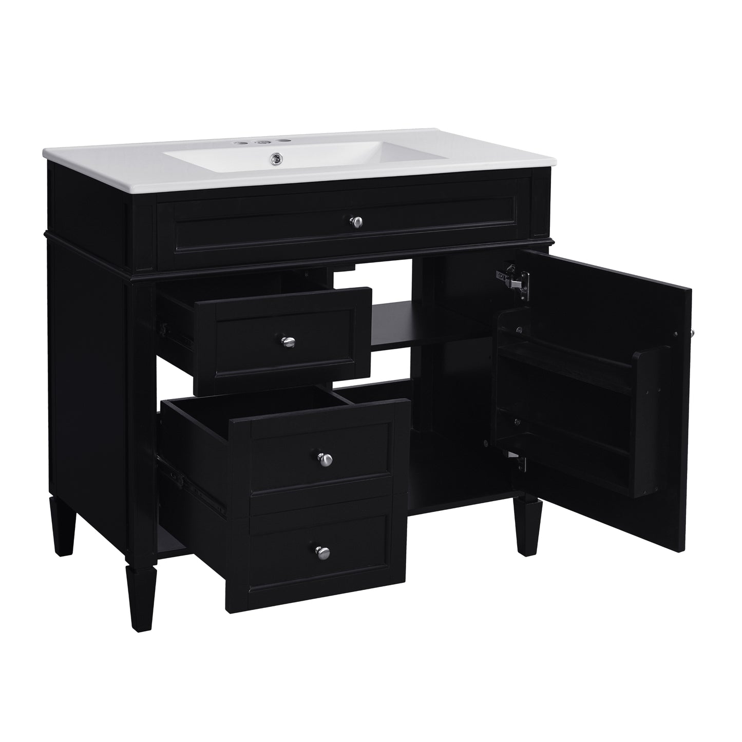 VanityFus 36-in Black Bathroom Vanity Single Sink Combo with Ceramic Top Undermount 1 Soft Close Door 3 Drawers Adjustable Shelves