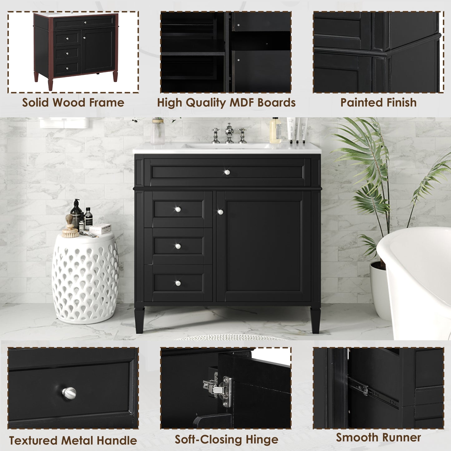 VanityFus 36-in Black Bathroom Vanity Single Sink Combo with Ceramic Top Undermount 1 Soft Close Door 3 Drawers Adjustable Shelves