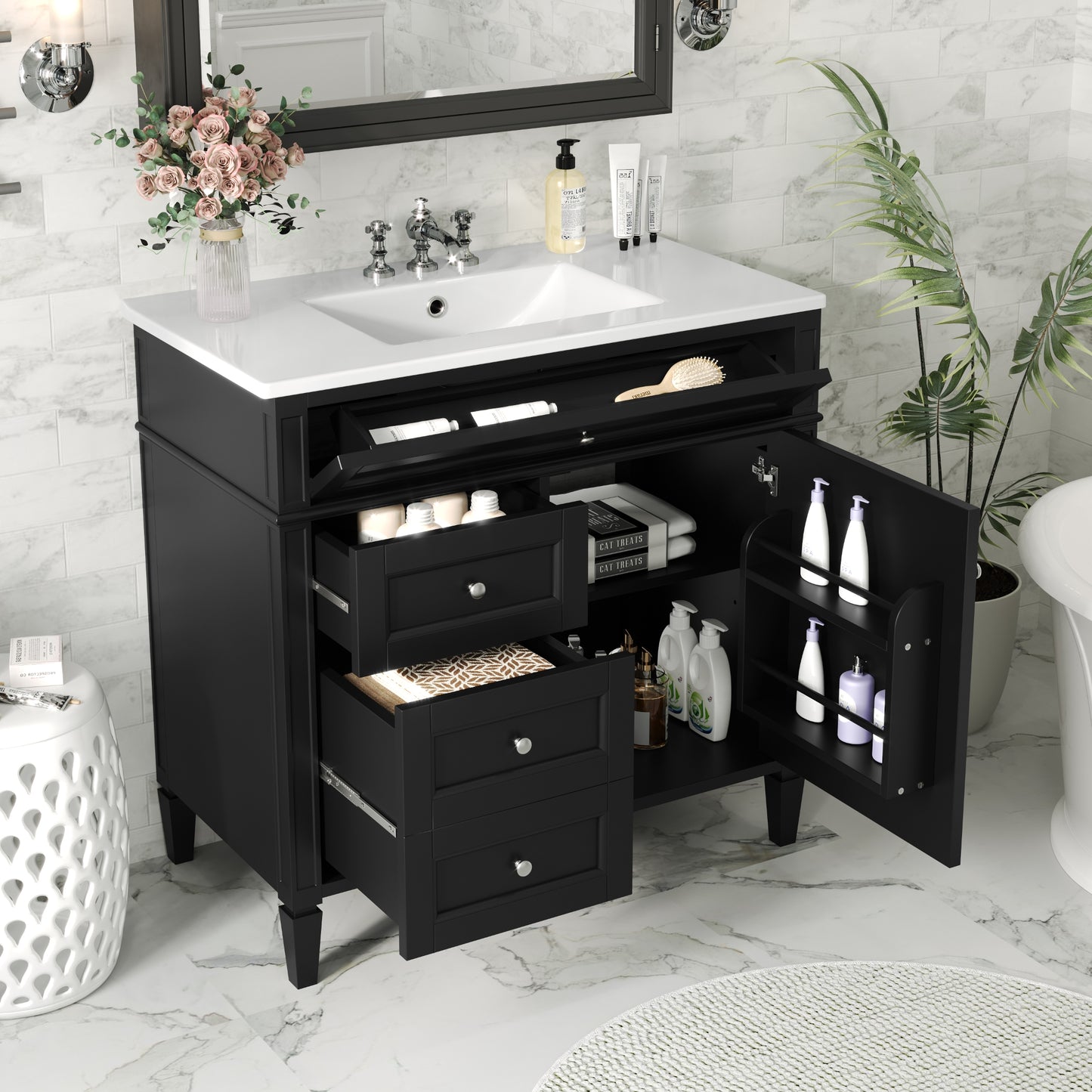 VanityFus 36-in Black Bathroom Vanity Single Sink Combo with Ceramic Top Undermount 1 Soft Close Door 3 Drawers Adjustable Shelves