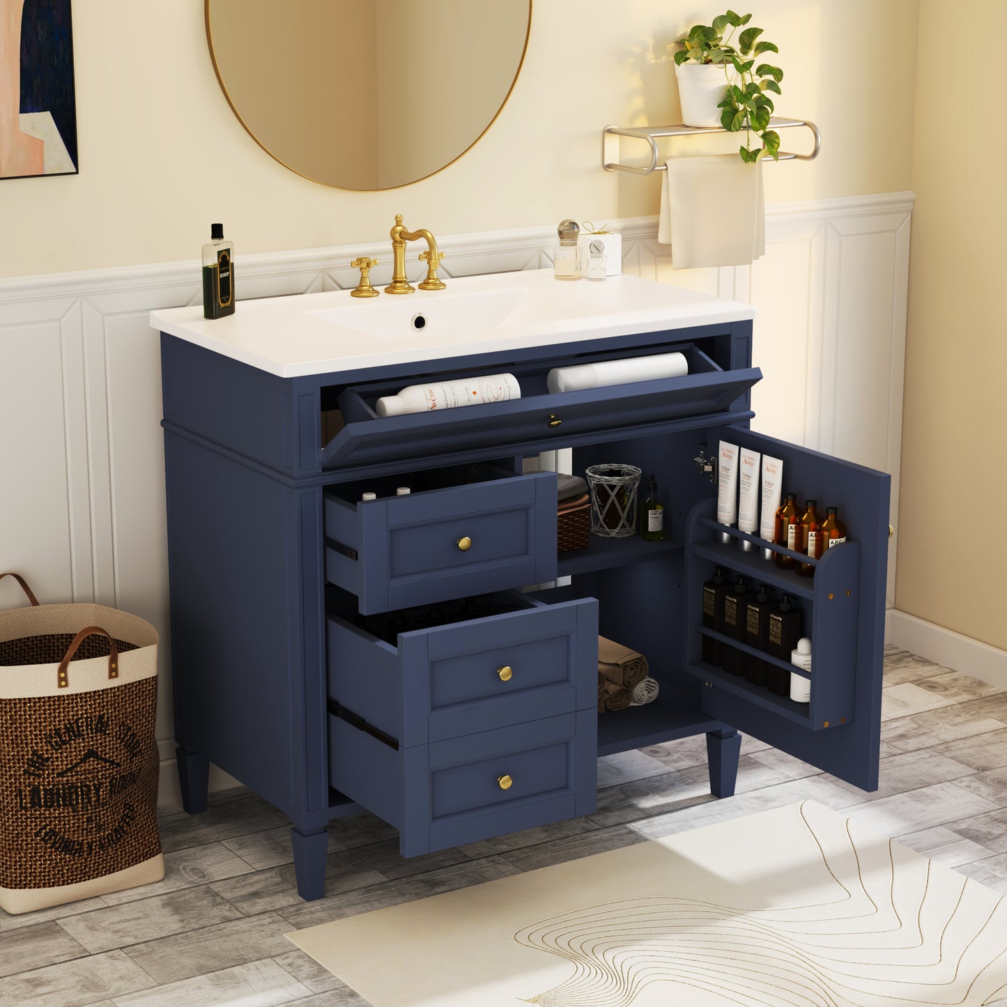 VanityFus 36-in Blue Bathroom Vanity Single Sink Combo with Ceramic Top Undermount 1 Soft Close Door 3 Drawers Adjustable Shelves