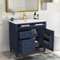 VanityFus 36-in Blue Bathroom Vanity Single Sink Combo with Ceramic Top Undermount 1 Soft Close Door 3 Drawers Adjustable Shelves