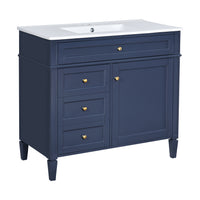 VanityFus 36-in Blue Bathroom Vanity Single Sink Combo with Ceramic Top Undermount 1 Soft Close Door 3 Drawers Adjustable Shelves