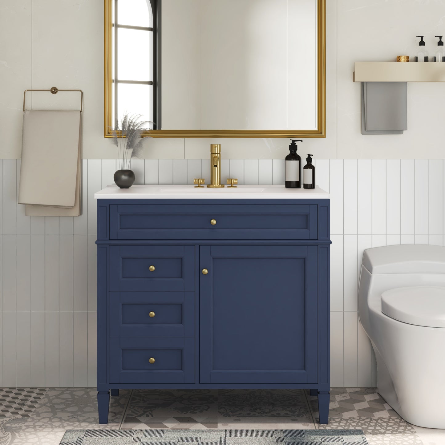 VanityFus 36-in Blue Bathroom Vanity Single Sink Combo with Ceramic Top Undermount 1 Soft Close Door 3 Drawers Adjustable Shelves