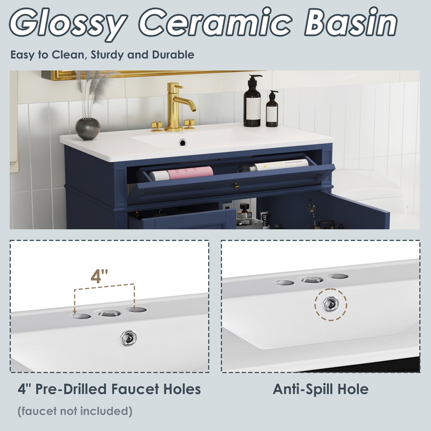VanityFus 36-in Blue Bathroom Vanity Single Sink Combo with Ceramic Top Undermount 1 Soft Close Door 3 Drawers Adjustable Shelves