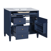 VanityFus 36-in Blue Bathroom Vanity Single Sink Combo with Ceramic Top Undermount 1 Soft Close Door 3 Drawers Adjustable Shelves