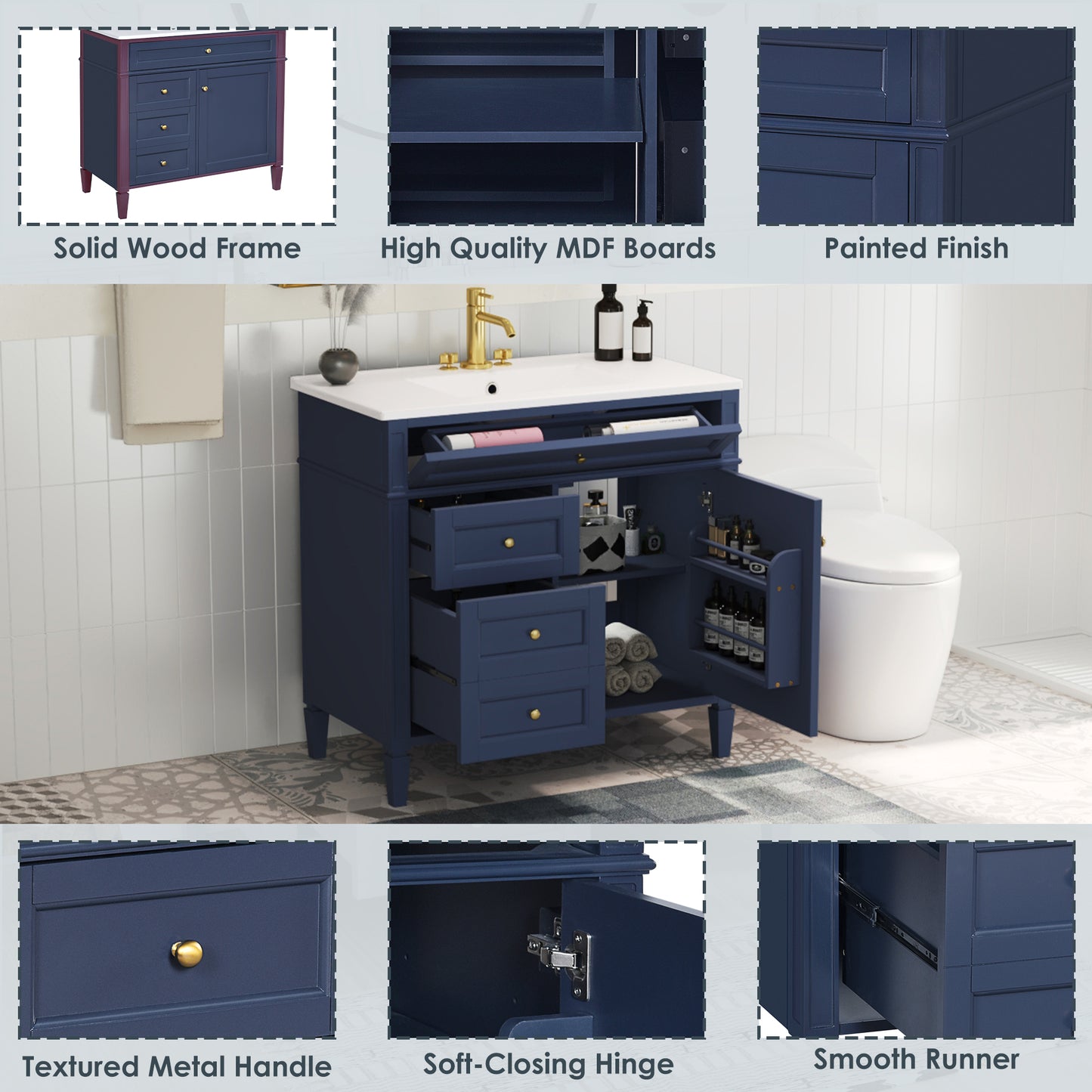 VanityFus 36-in Blue Bathroom Vanity Single Sink Combo with Ceramic Top Undermount 1 Soft Close Door 3 Drawers Adjustable Shelves