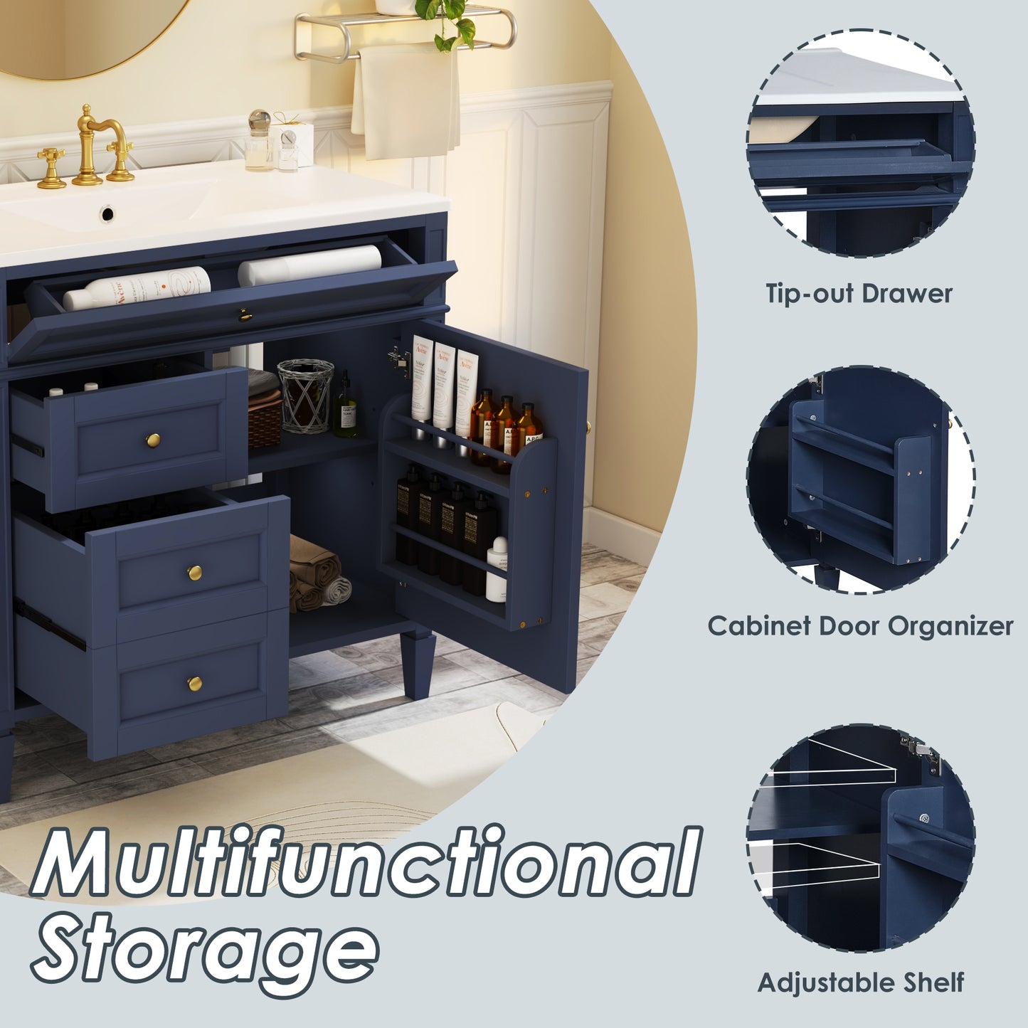 VanityFus 36-in Blue Bathroom Vanity Single Sink Combo with Ceramic Top Undermount 1 Soft Close Door 3 Drawers Adjustable Shelves