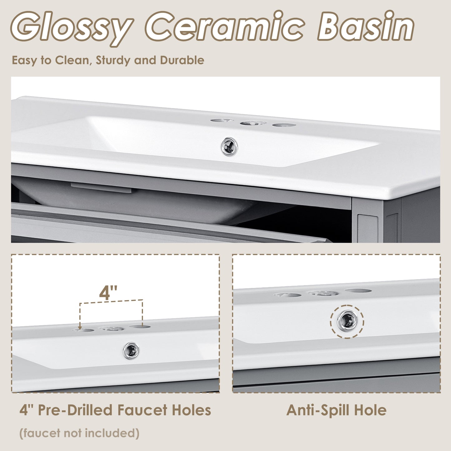 VanityFus 36-in Gray Bathroom Vanity Single Sink Combo with Ceramic Top Undermount 1 Soft Close Door 3 Drawers Adjustable Shelves