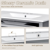 VanityFus 36-in Gray Bathroom Vanity Single Sink Combo with Ceramic Top Undermount 1 Soft Close Door 3 Drawers Adjustable Shelves