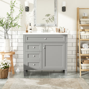 VanityFus 36-in Gray Bathroom Vanity Single Sink Combo with Ceramic Top Undermount 1 Soft Close Door 3 Drawers Adjustable Shelves