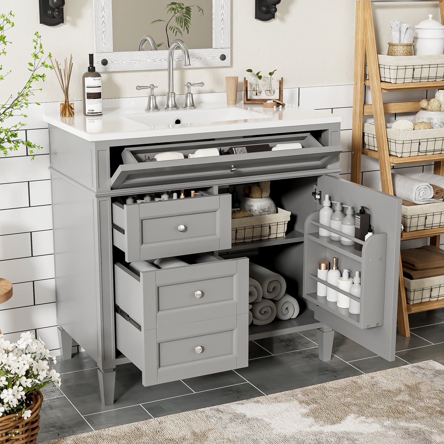 VanityFus 36-in Gray Bathroom Vanity Single Sink Combo with Ceramic Top Undermount 1 Soft Close Door 3 Drawers Adjustable Shelves