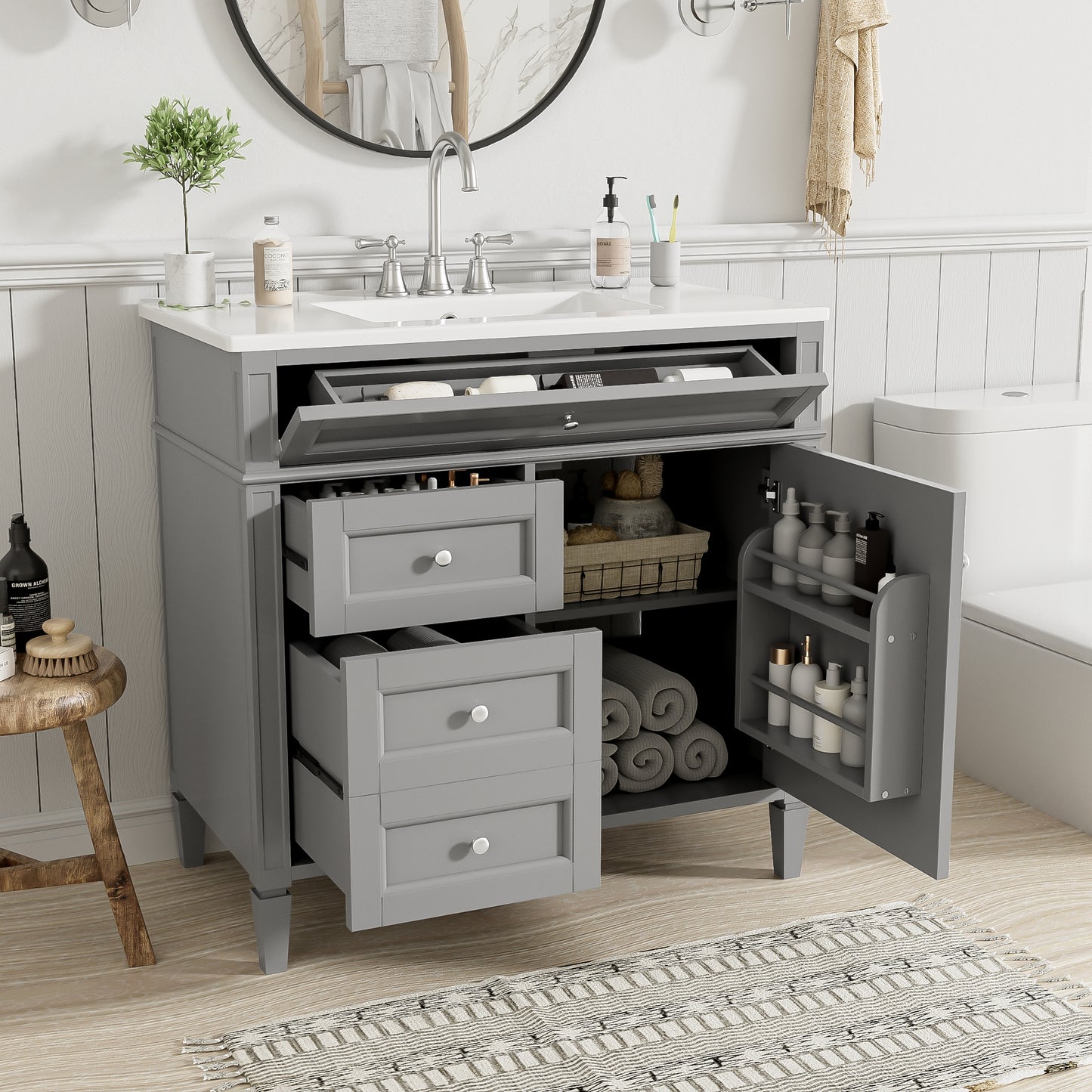 VanityFus 36-in Gray Bathroom Vanity Single Sink Combo with Ceramic Top Undermount 1 Soft Close Door 3 Drawers Adjustable Shelves