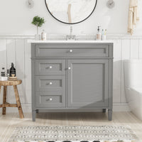 VanityFus 36-in Gray Bathroom Vanity Single Sink Combo with Ceramic Top Undermount 1 Soft Close Door 3 Drawers Adjustable Shelves