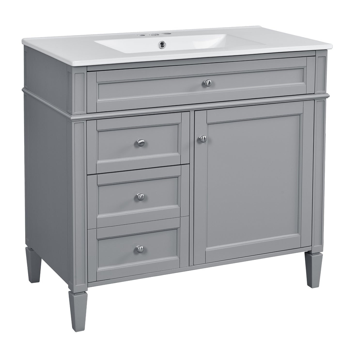VanityFus 36-in Gray Bathroom Vanity Single Sink Combo with Ceramic Top Undermount 1 Soft Close Door 3 Drawers Adjustable Shelves