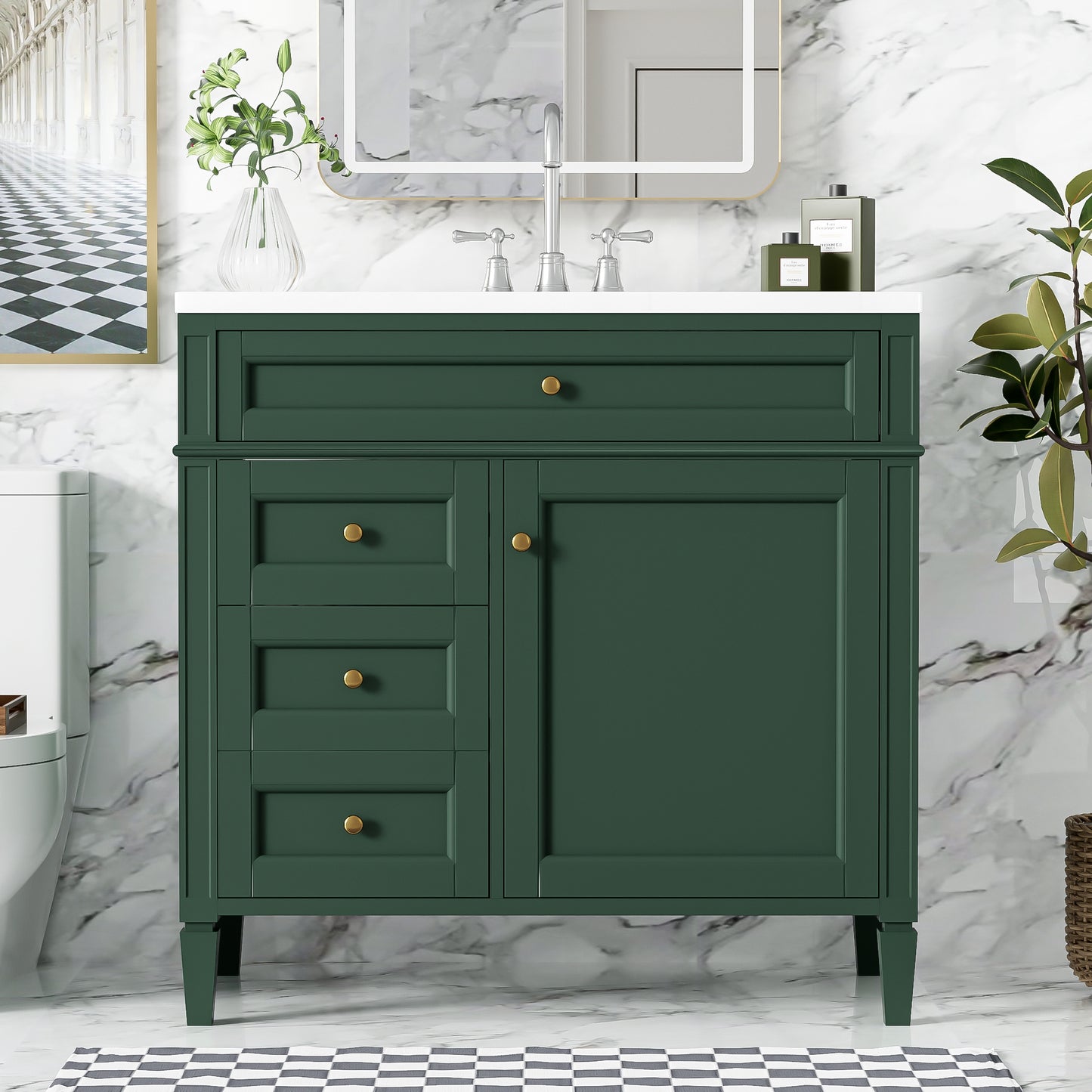 VanityFus 36-in Green Bathroom Vanity Single Sink Combo with Ceramic Top Undermount 1 Soft Close Door 3 Drawers Adjustable Shelves