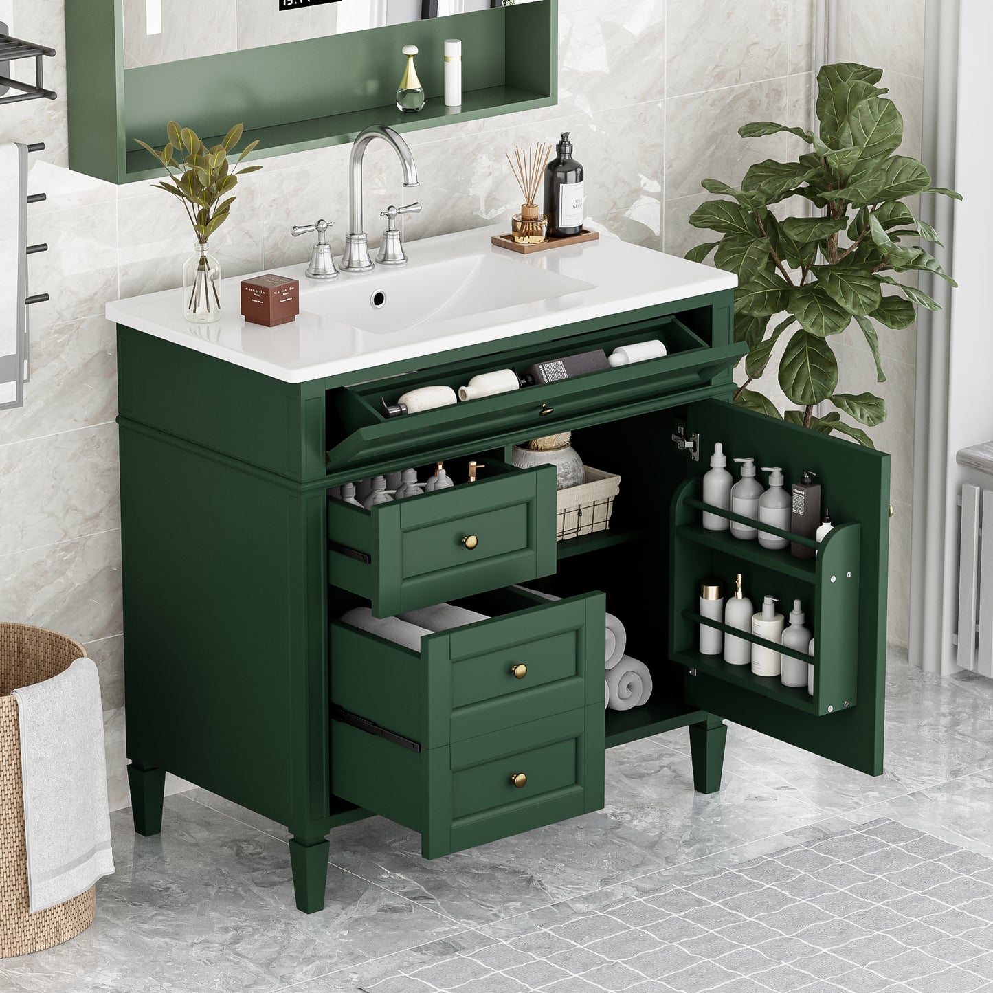 VanityFus 36-in Green Bathroom Vanity Single Sink Combo with Ceramic Top Undermount 1 Soft Close Door 3 Drawers Adjustable Shelves