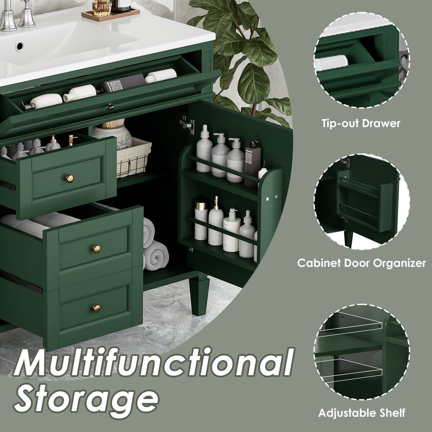 VanityFus 36-in Green Bathroom Vanity Single Sink Combo with Ceramic Top Undermount 1 Soft Close Door 3 Drawers Adjustable Shelves