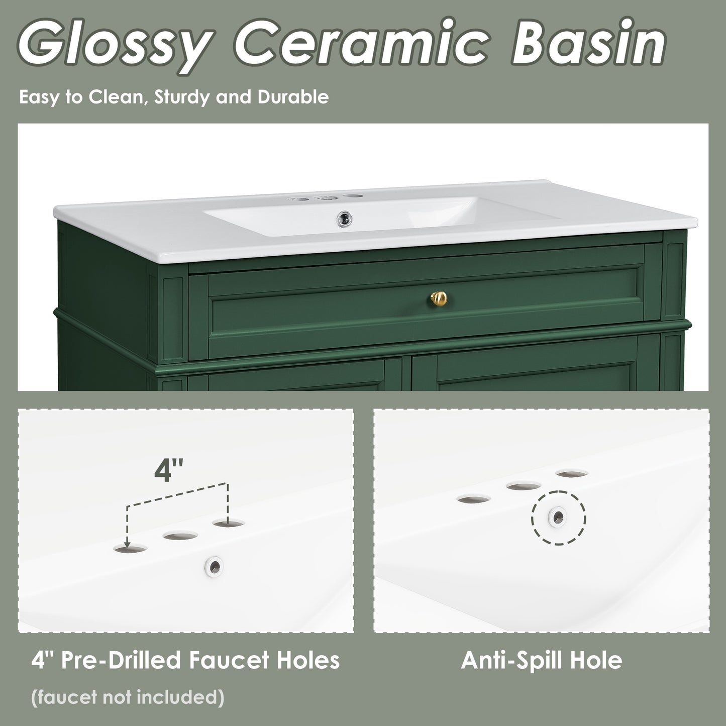 VanityFus 36-in Green Bathroom Vanity Single Sink Combo with Ceramic Top Undermount 1 Soft Close Door 3 Drawers Adjustable Shelves