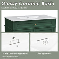 VanityFus 36-in Green Bathroom Vanity Single Sink Combo with Ceramic Top Undermount 1 Soft Close Door 3 Drawers Adjustable Shelves
