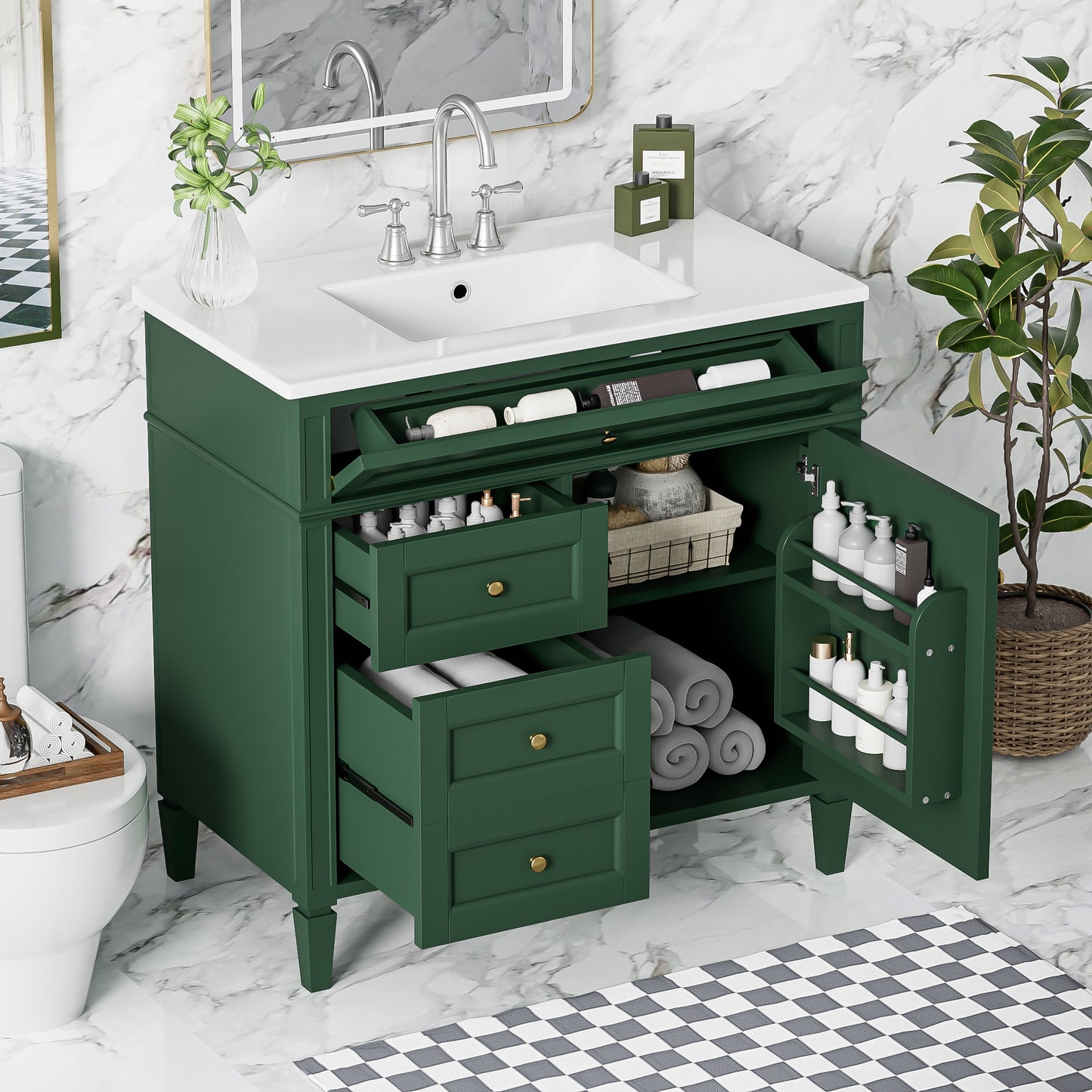 VanityFus 36-in Green Bathroom Vanity Single Sink Combo with Ceramic Top Undermount 1 Soft Close Door 3 Drawers Adjustable Shelves