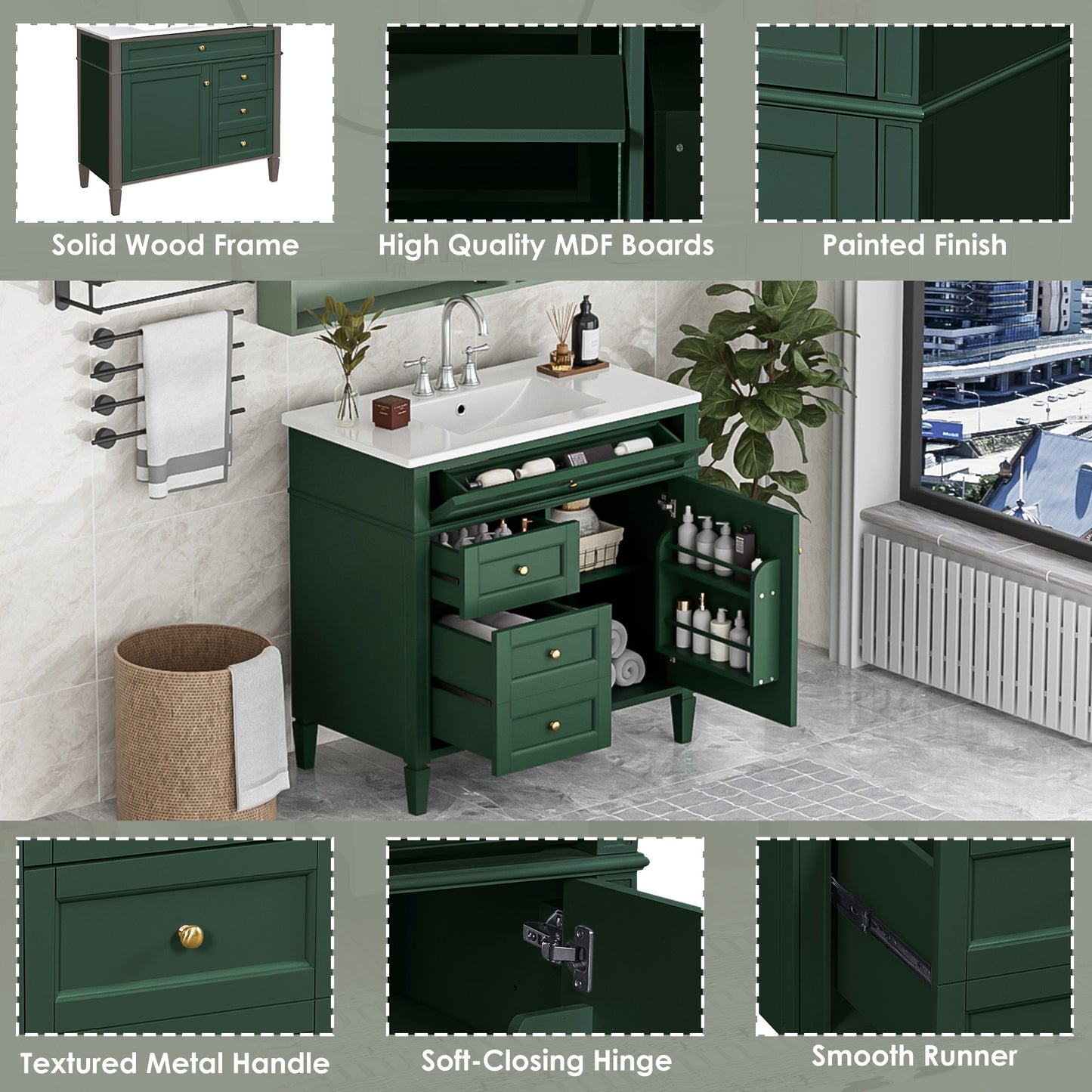 VanityFus 36-in Green Bathroom Vanity Single Sink Combo with Ceramic Top Undermount 1 Soft Close Door 3 Drawers Adjustable Shelves