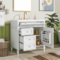VanityFus 36-in White Bathroom Vanity Single Sink Combo with Ceramic Top Undermount 1 Soft Close Door 3 Drawers Adjustable Shelves