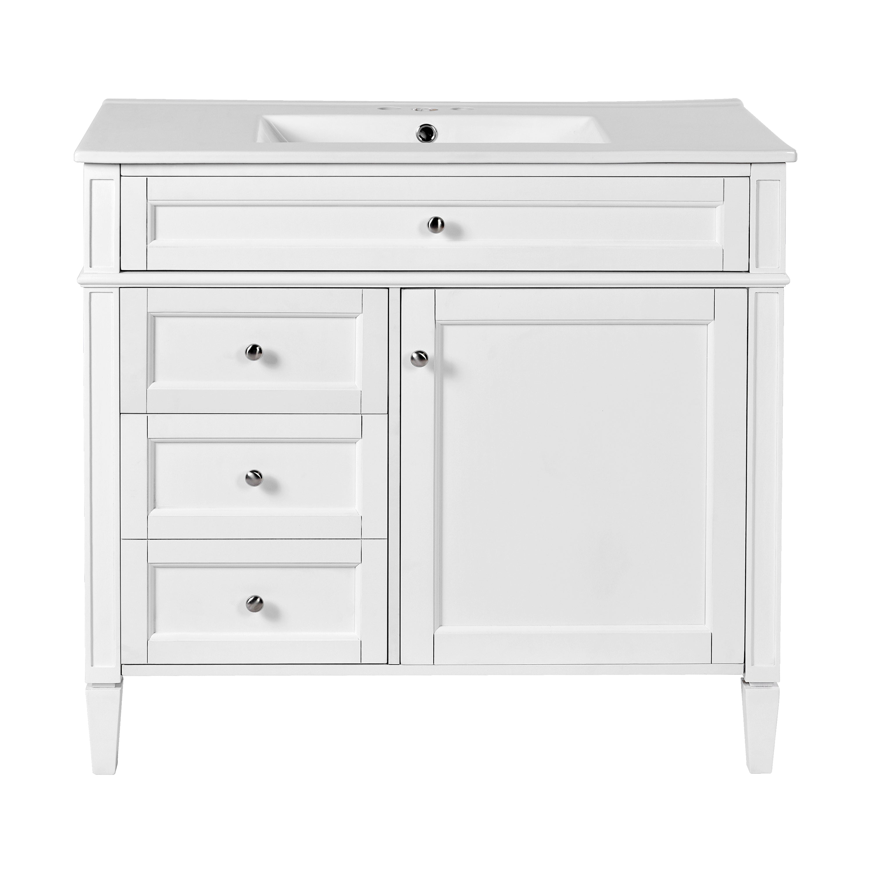 VanityFus 36-in White Bathroom Vanity Single Sink Combo with Ceramic Top Undermount 1 Soft Close Door 3 Drawers Adjustable Shelves
