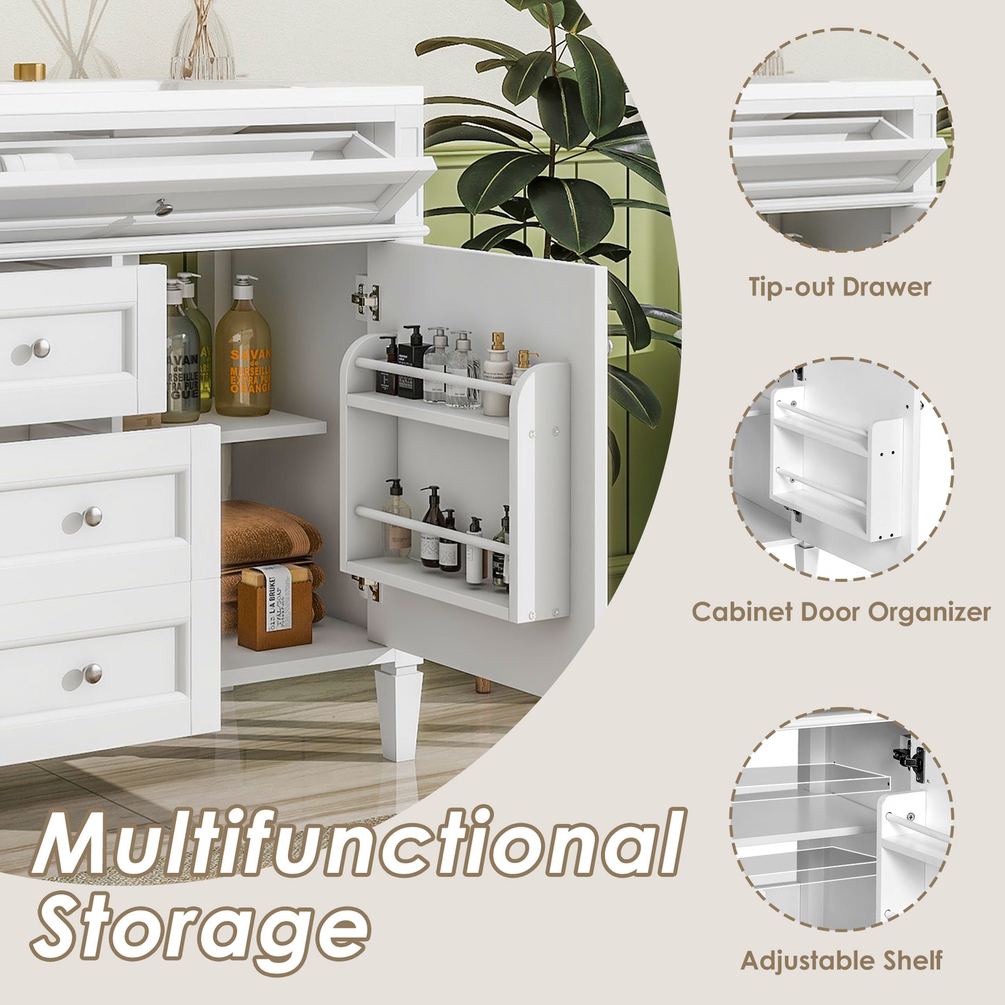 VanityFus 36-in White Bathroom Vanity Single Sink Combo with Ceramic Top Undermount 1 Soft Close Door 3 Drawers Adjustable Shelves