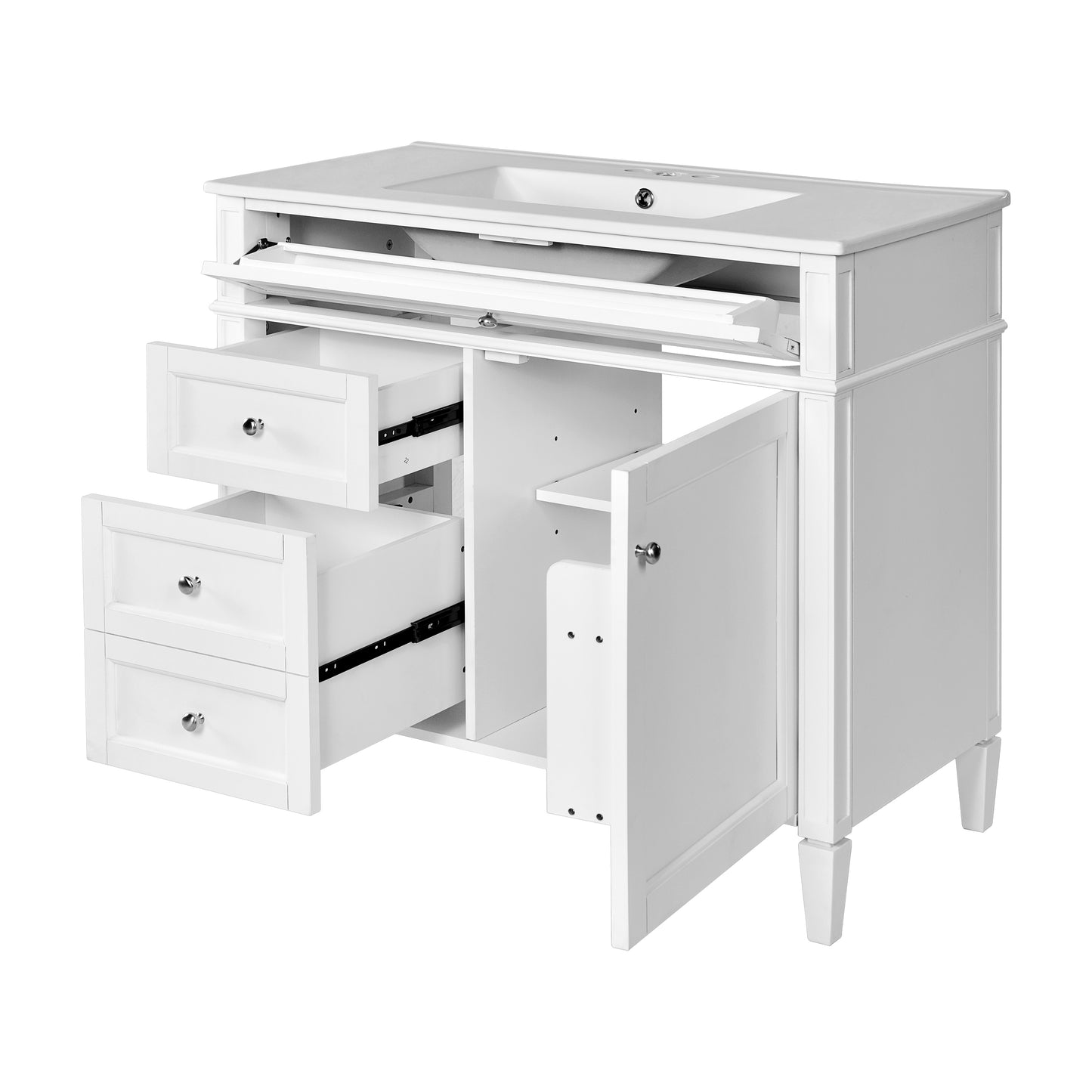 VanityFus 36-in White Bathroom Vanity Single Sink Combo with Ceramic Top Undermount 1 Soft Close Door 3 Drawers Adjustable Shelves